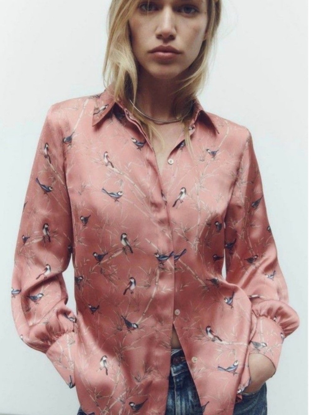 🌼 Zara - Dusty Rose Satin-Like Bird Print Button-Up Blouse